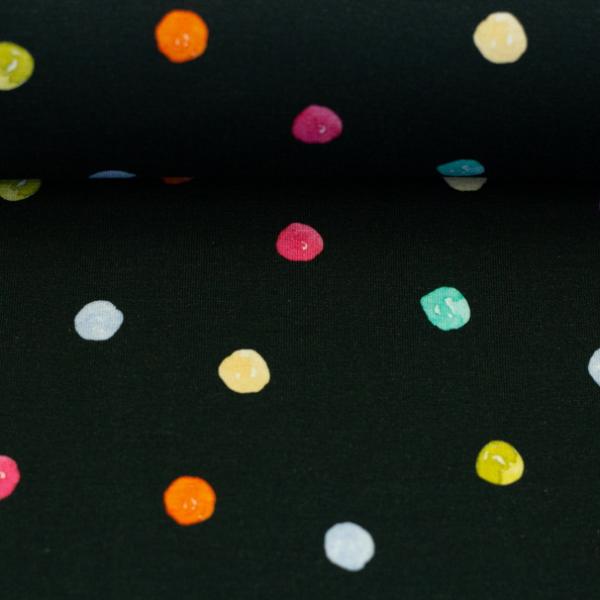 Baumwolljersey Flowerpop bunte Punkte auf schwarz Swafing